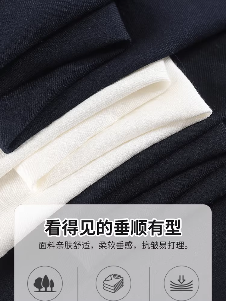 Quần âu nữ màu xanh navy, dáng rộng, mùa xuân thu, cạp cao, chất liệu mềm mại, dài quá gối dành cho người cao, kiểu dáng sang trọng cổ điển.