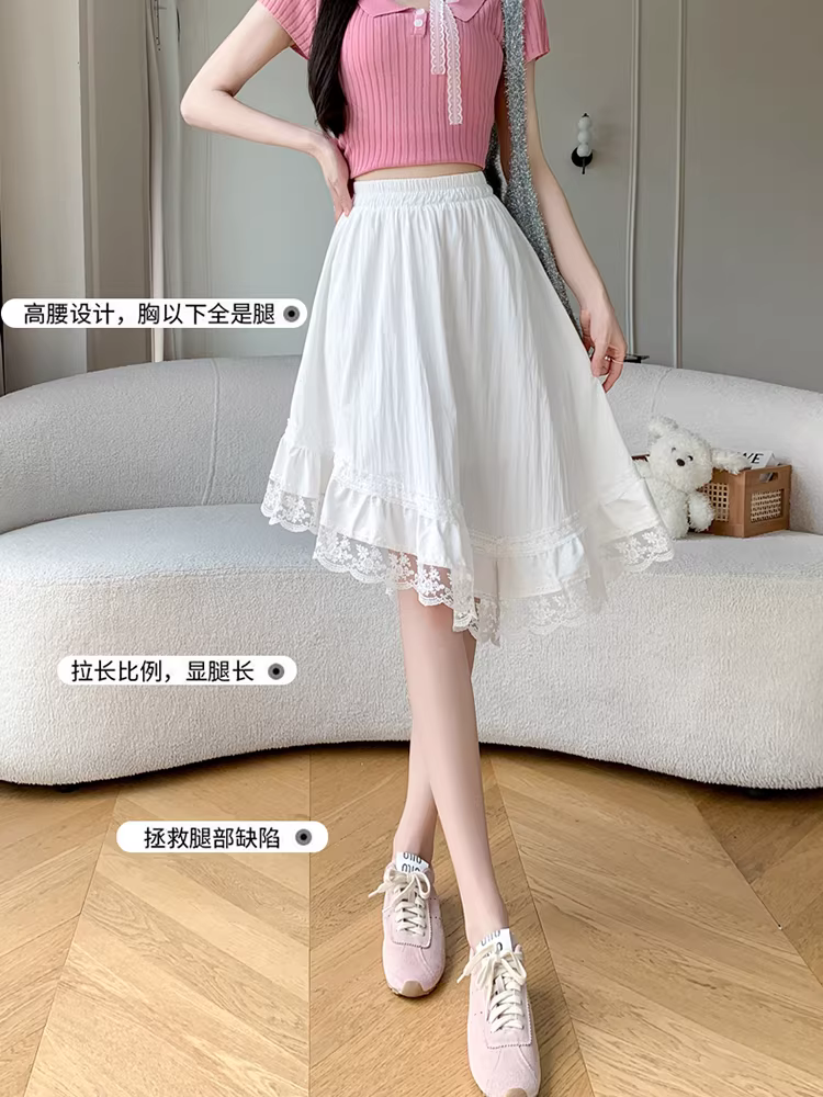 Váy midi trắng cho nữ, váy dù dáng bất quy tắc mùa hè, váy dài trung bình viền ren, váy chữ A, váy năm điểm.