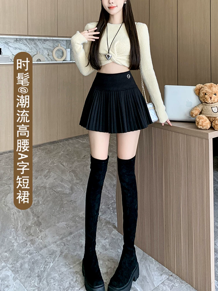 Váy len màu trắng nhạt dành cho nữ, váy len xếp ly mùa thu đông, váy xếp ly dạng xếp nếp, váy chữ A, phối cùng áo len, váy ngắn