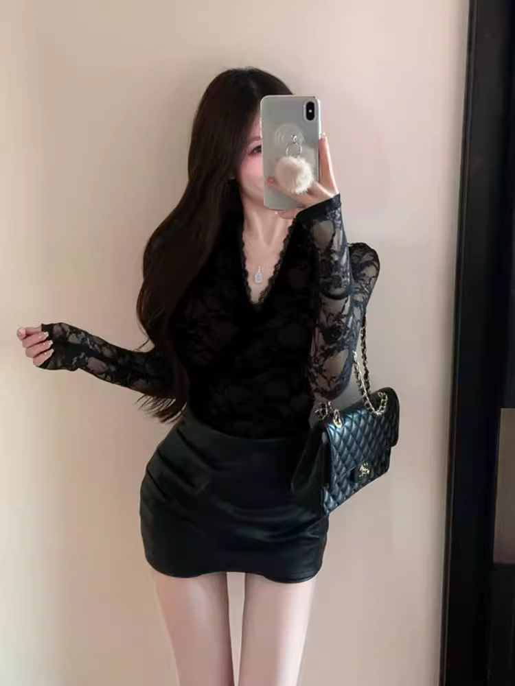 Áo ren dài tay tôn dáng, màu trơn, áo sơ mi nữ dáng ôm thời trang, thiết kế chéo eo thanh lịch