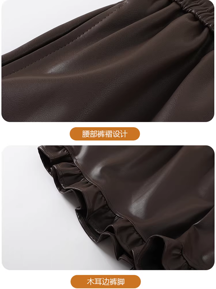 Quần short da đen nữ, áo khoác ngoài mùa thu đông, kiểu mới 2025, quần nữ viền bèo, quần da PU, quần short phối với ủng.