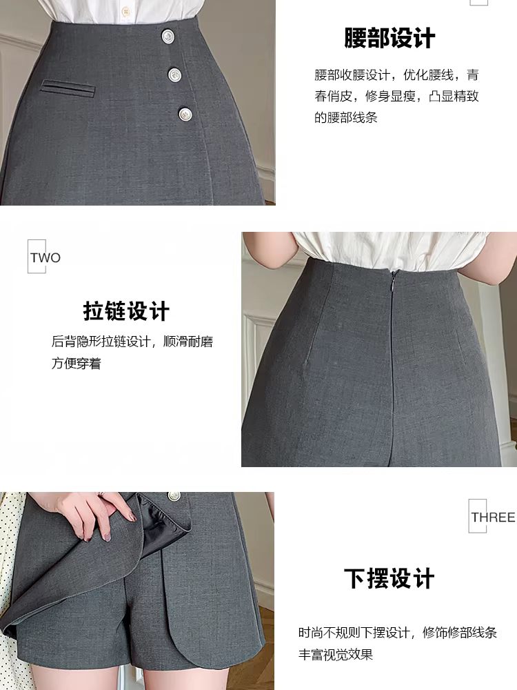 Quần short vest đen cho nữ, xuân thu, quần váy bất đối xứng, kiểu dáng hai mảnh, quần váy rất sành điệu, quần bootcut ngắn.