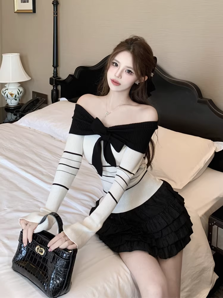 Áo dệt kim trễ vai dành cho nữ, áo sơ mi dài tay mùa xuân thu, thiết kế thời trang và độc đáo, không thường xuyên được nhìn thấy.