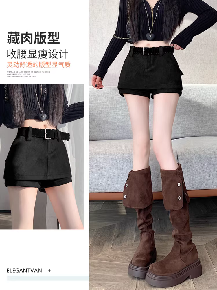 Váy da lộn cho nữ, quần váy da mùa thu đông, giả hai mảnh liền thân, quần váy rất đẹp, váy ngắn da lộn.