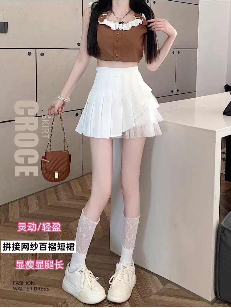 Váy nửa thân màu trắng dành cho nữ, váy xếp ly lưới bất đối xứng mùa hè, váy chữ A cao eo mới năm 2025, váy JK, váy ngắn.