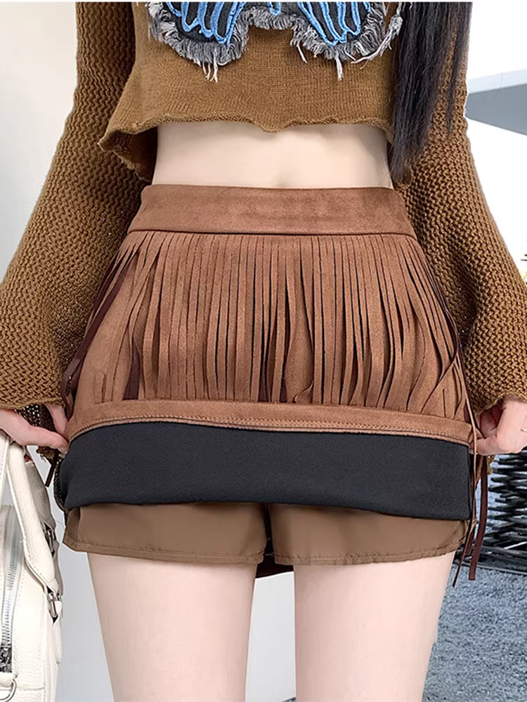 Váy da lộn kaki cho nữ, váy tua rua mùa thu đông, váy che mông rất xinh, váy ngắn da ôm hông lưng cao