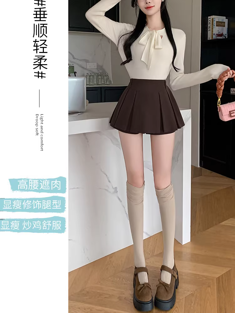 Quần short nhung kẻ màu nâu cho nữ, áo khoác ngoài mùa thu đông, quần váy nhung kẻ, quần váy xếp ly giả hai mảnh, quần ống loe cho nữ.