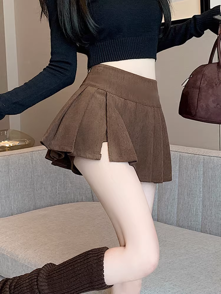 Váy nhung kẻ màu nâu dành cho nữ, quần váy xẻ tà xuân thu đông, quần culottes ngắn hai trong một, váy nhung kẻ, váy siêu ngắn