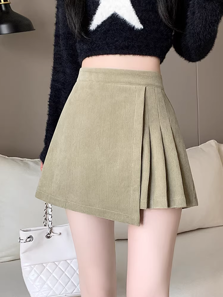 Quần short vải nhung nữ, áo khoác ngoài mùa thu đông, quần váy xếp ly hai trong một, quần váy bất đối xứng, quần ống rộng chữ A lưng cao