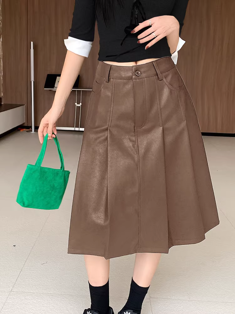 Váy da đen, váy xếp ly da PU thu đông nữ, váy dù dài ngang đùi, váy nửa thân rất đẹp, váy dài ngang đùi.