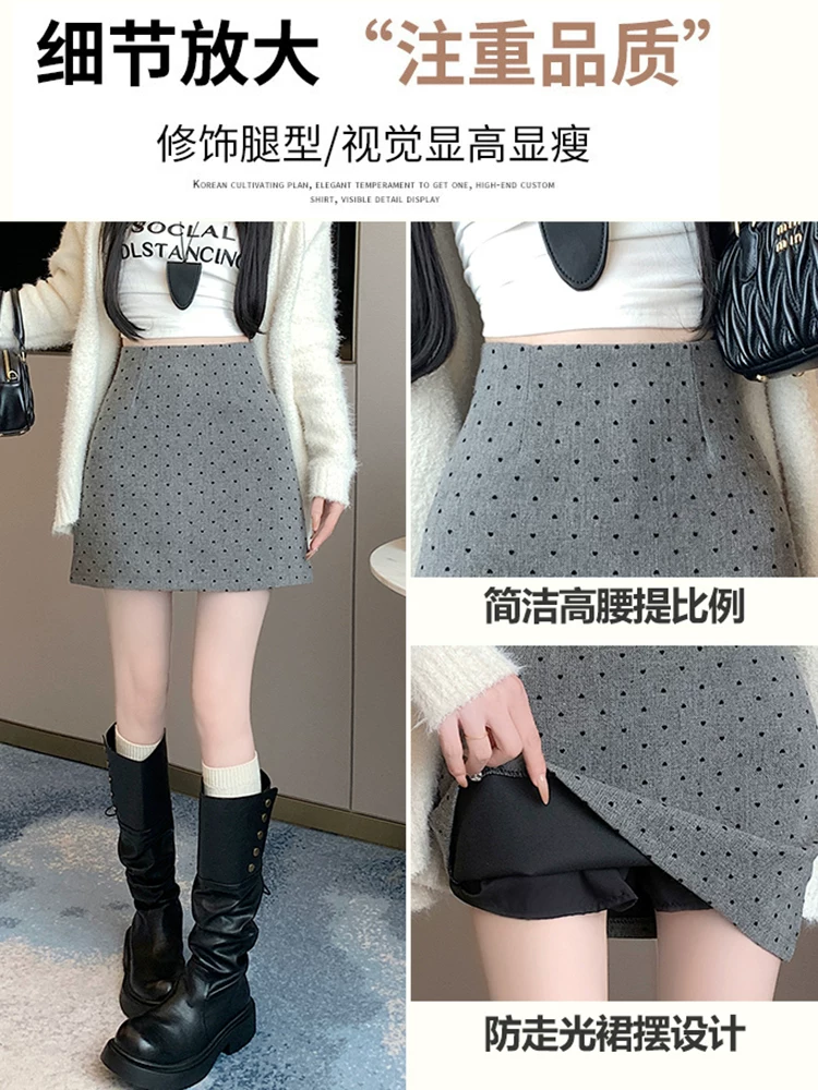 Váy len màu xám cho nữ, váy bút chì chấm bi mùa thu đông, váy vest, váy chữ A lưng cao, váy bút chì, váy ngắn