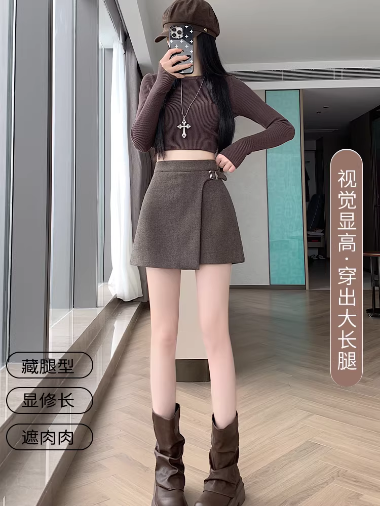 Váy len màu xám dành cho nữ, mùa thu đông, váy quần dáng bất quy tắc, váy len giả hai mảnh liền thân, váy chữ A, váy ngắn.