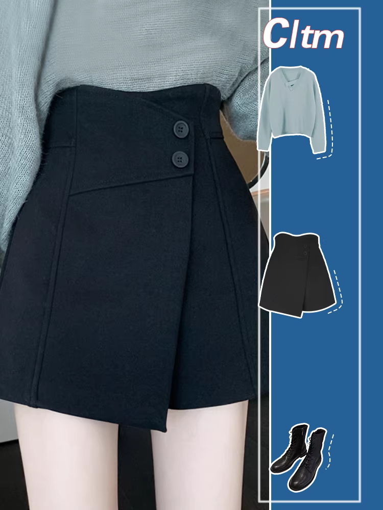 Quần short len nữ, quần váy mùa thu đông để phối lớp, quần và váy liền thân kiểu dáng bất quy tắc thời thượng năm 2025, quần ống rộng hai trong một.