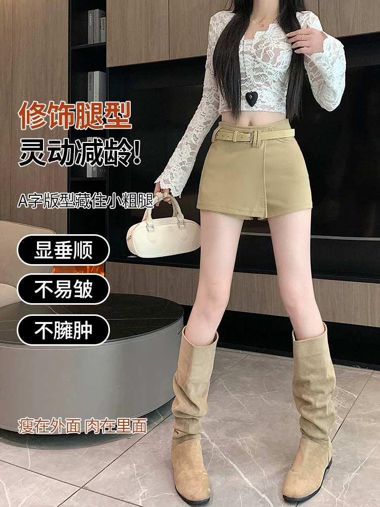 Váy kaki cho nữ, xuân thu, váy-quần không đều, váy-quần giả hai mảnh liền thân, váy ngắn hot girl, váy siêu ngắn.