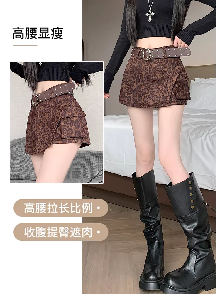 Váy da lộn họa tiết da báo dành cho nữ, quần váy da dáng bất quy tắc mùa thu đông, quần váy giả hai mảnh liền thân, váy ngắn da lộn ôm sát hông.