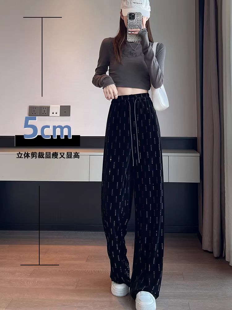 Quần nhung ống rộng cho nữ, mùa thu đông, cạp cao, dáng suôn, vừa vặn thoải mái, quần dài chạm sàn dành cho nữ cao.