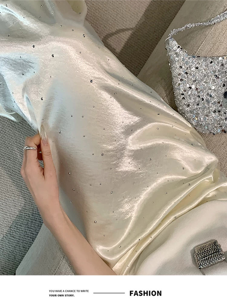 Váy satin, váy acetate mùa hè, váy ôm hông dài ngang đùi, váy đính đá cao eo, váy sequin, váy đuôi cá