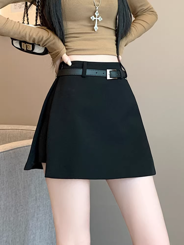 Quần short vest đen nữ, xuân thu, quần váy xẻ tà, quần giả hai mảnh, quần short chữ A ống rộng, quần short kiểu boot.