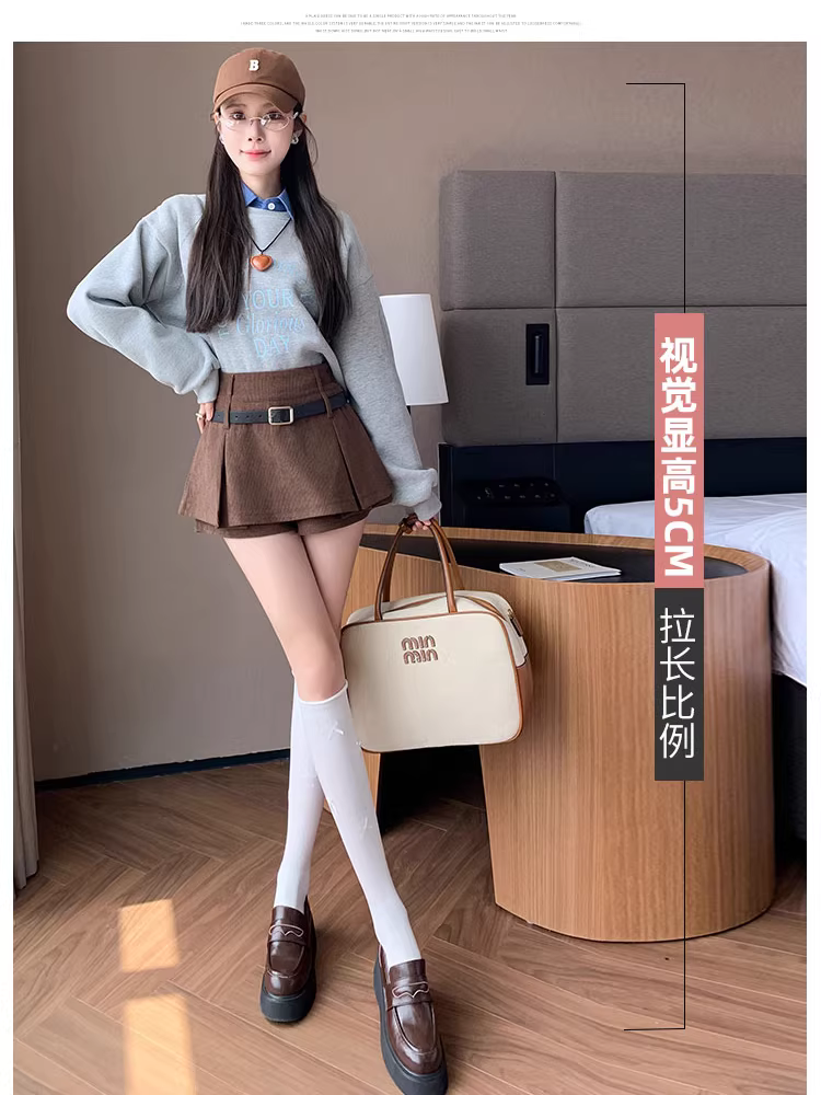 Quần short vải nhung kẻ cho nữ, áo khoác ngoài mùa thu đông, quần váy vải nhung kẻ, quần váy ngắn hai trong một, quần ống rộng xếp lớp chữ A