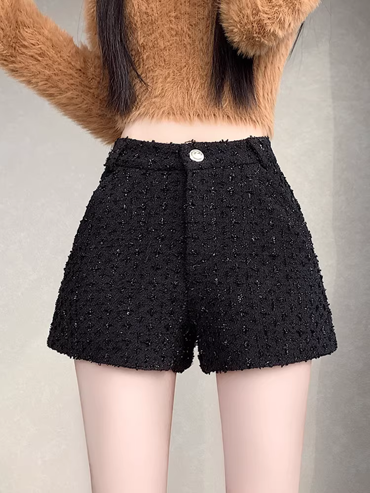 Quần short len phong cách Chanel dành cho nữ, áo khoác ngoài mùa thu đông, quần legging cạp cao mới năm 2025, quần nữ mặc với bốt.