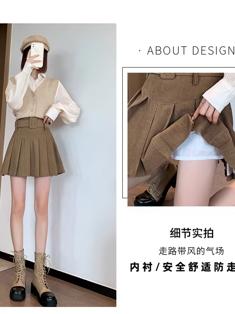 Váy nhung kẻ màu mơ dành cho nữ, váy nhung kẻ xếp ly mùa thu đông, váy nửa thân jk, váy chữ A lưng cao, váy ngắn nóng bỏng