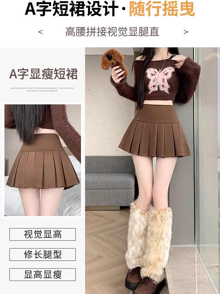 Váy len xếp ly màu kaki dành cho nữ, mùa thu đông, váy nửa thân rất xinh, váy JK, váy mini.