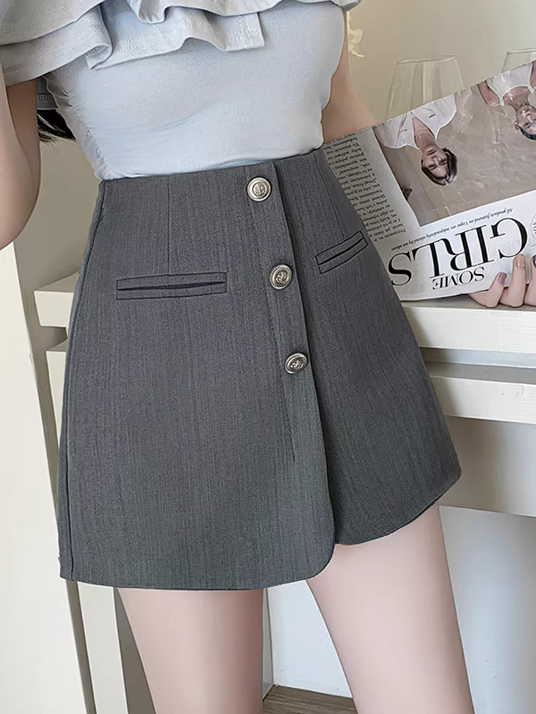 Quần short màu xám dành cho nữ, quần và váy phối hợp mùa xuân thu, quần váy giả hai mảnh, kiểu dáng ngắn, quần rất sành điệu, quần ngắn, quần ống loe.