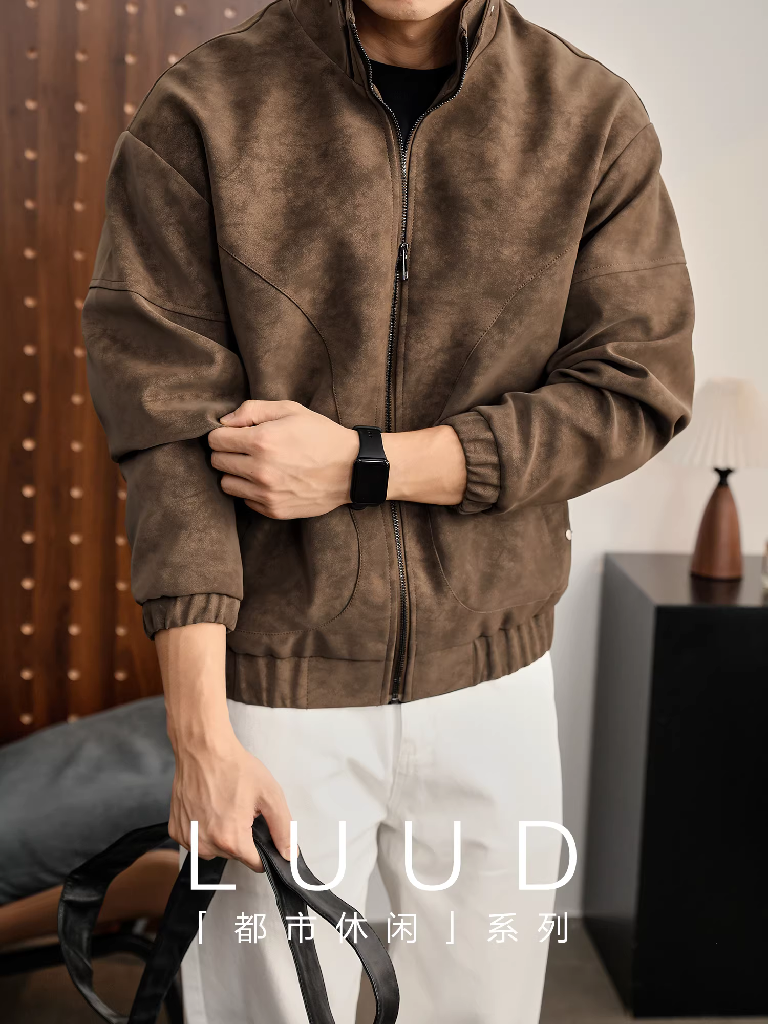 Áo khoác da PU nam LUUD Maillard chất liệu giả da vân gỗ mùa đông ấm áp, kiểu dáng hiện đại, cổ đứng.