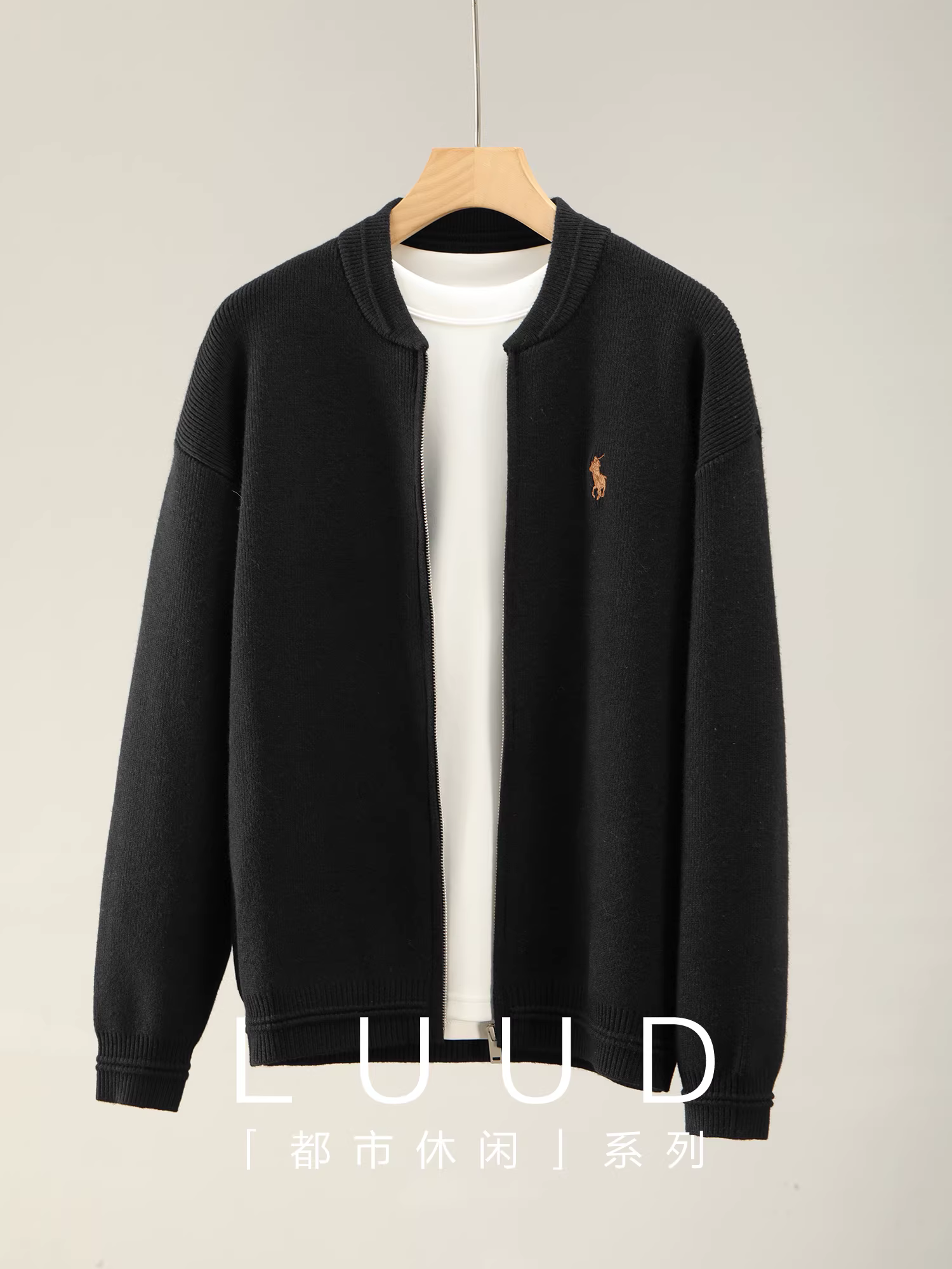 Áo khoác dệt kim thêu hiệp sĩ LUUD thanh lịch và hợp thời trang dành cho nam đi làm đa năng Áo len cardigan cổ bóng chày có gân