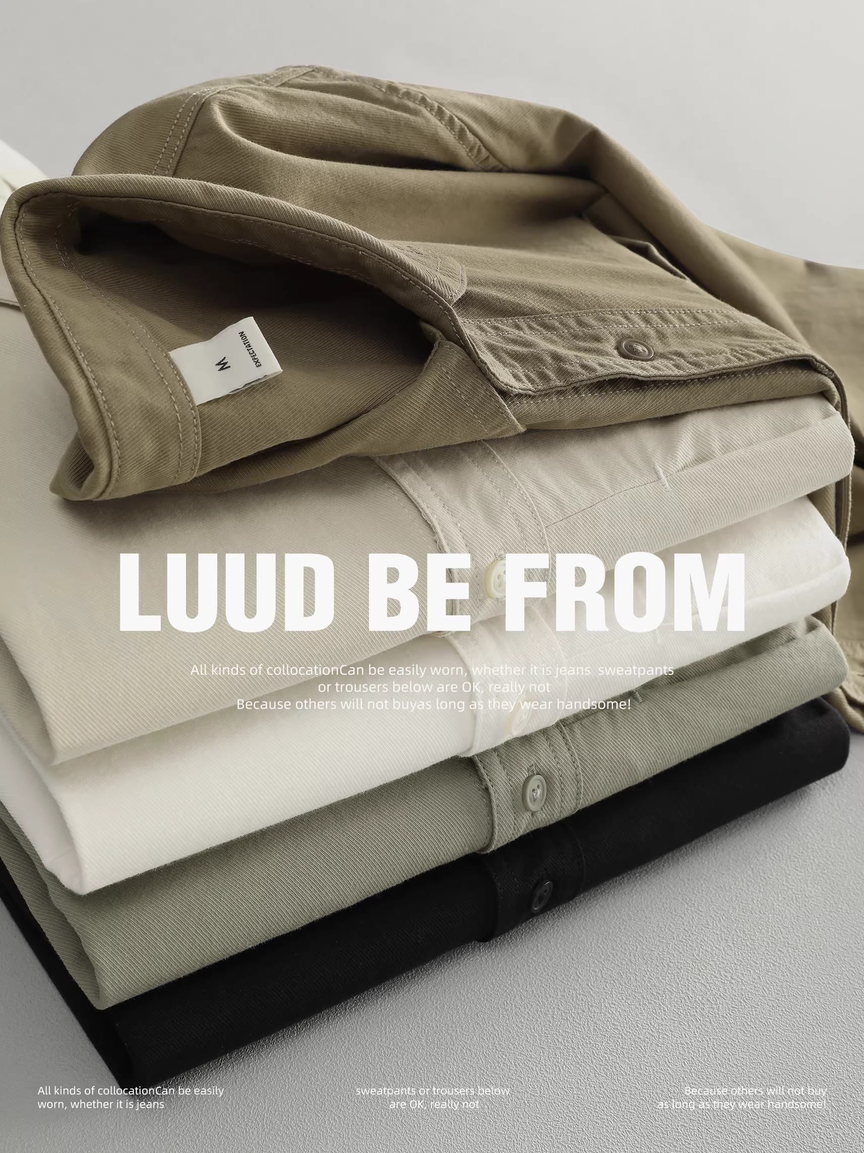 Áo sơ mi nam LUUD 2025 thu đông, màu trơn đa năng, chất liệu cotton nguyên chất, kiểu dáng ôm body, tay dài, cổ trụ, chất liệu mỏng nhẹ.