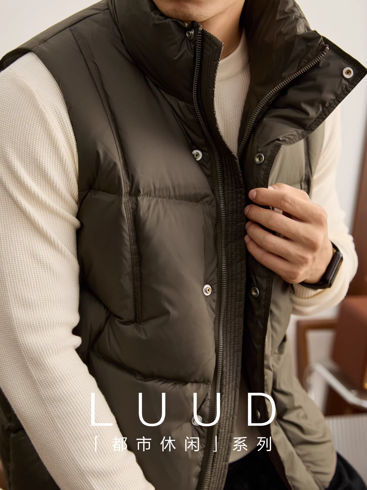 Áo vest không tay cổ đứng dành cho nam giới đô thị LUUD, áo khoác không tay màu trắng chất lượng cao mùa đông ấm áp hợp thời trang