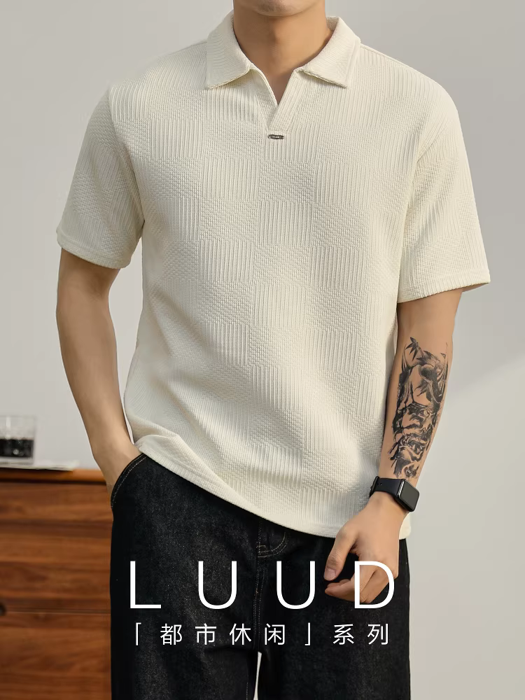 Áo polo ngắn tay họa tiết jacquard LUUD dành cho nam, áo thun dệt kim cổ chữ V nhỏ phong cách mùa hè mới, áo polo thông thường