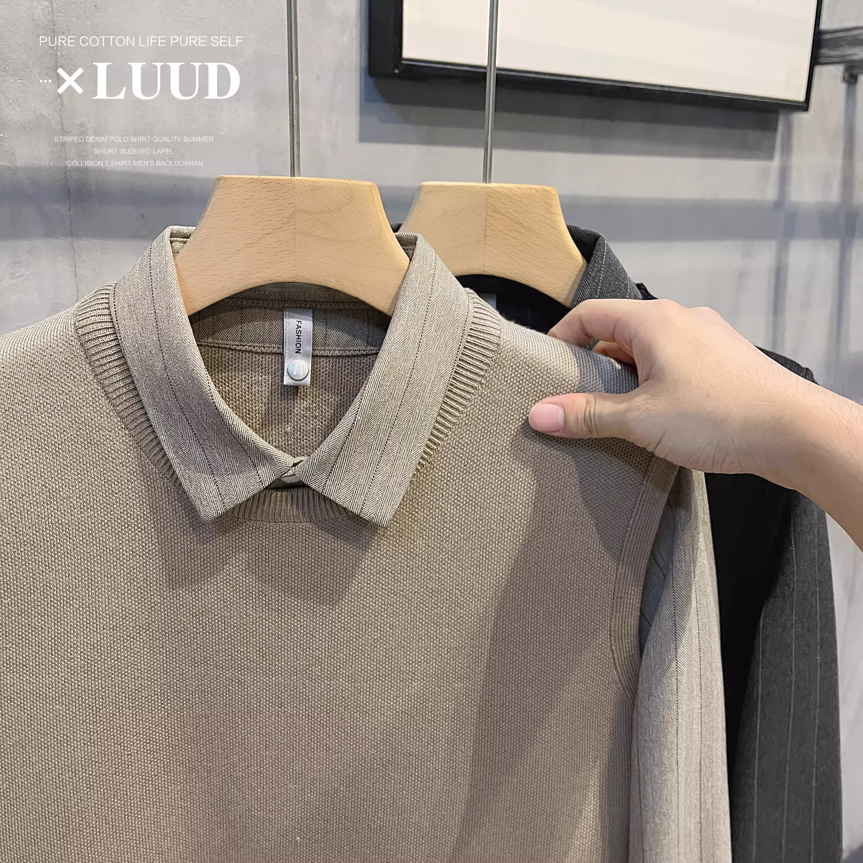 Áo sơ mi chắp vá mùa thu đông LUUD với thiết kế giả hai mảnh, áo len dệt kim phong cách Anh trưởng thành, áo khoác đen dành cho nam.