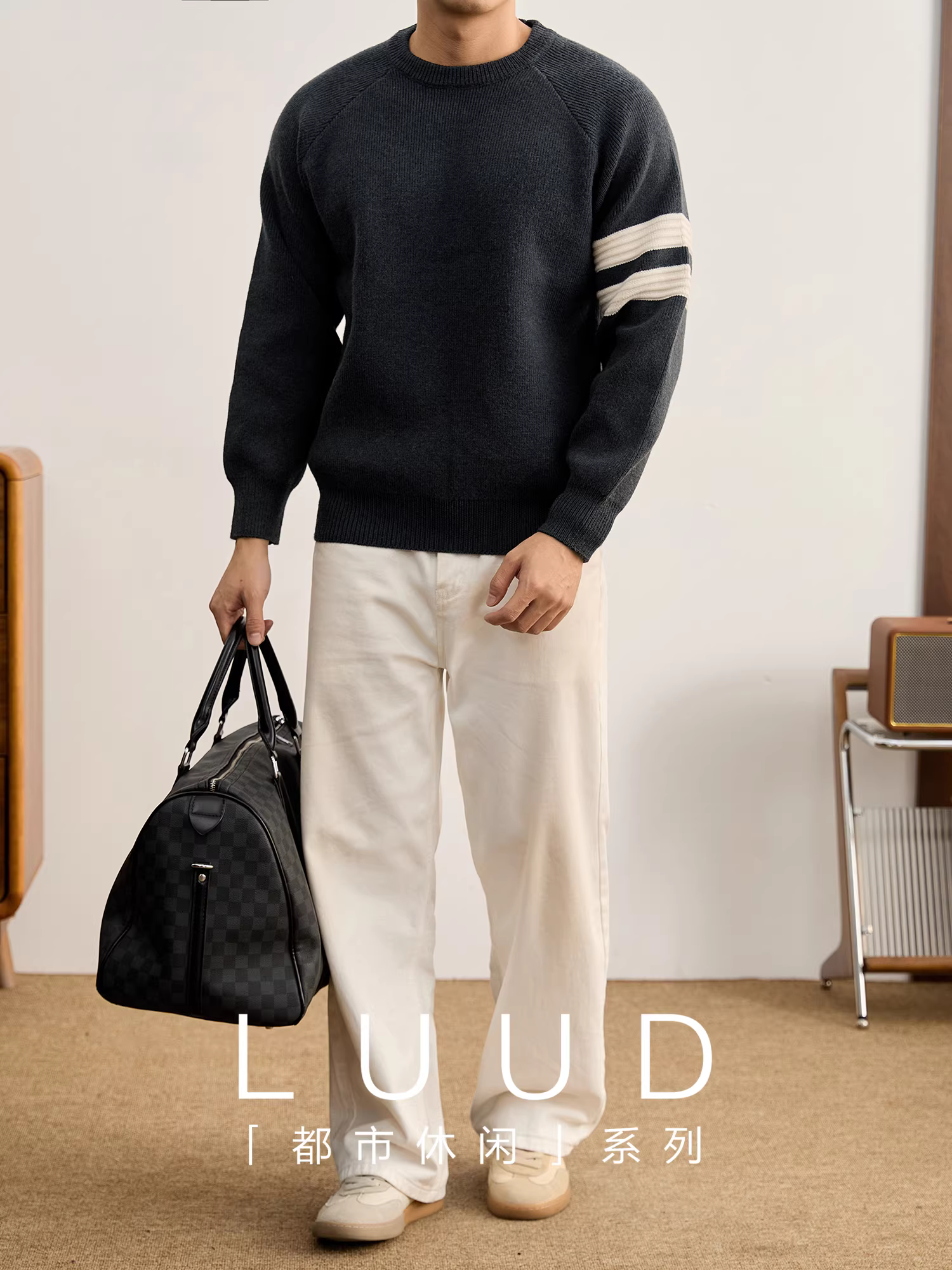 Áo len nam LUUD cao cấp 810g, kiểu dáng tối giản, thời thượng, sang trọng, cổ tròn, chất liệu dệt kim, ấm áp mùa thu đông, áo len chui đầu hai sọc.