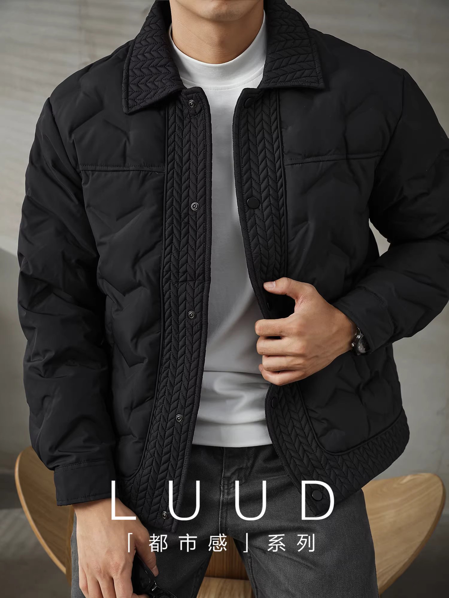 Áo khoác lông vũ đen chất liệu lúa mì cao cấp LUUD dành cho nam mùa đông, cổ trụ, ấm áp, phong cách quý ông thời thượng