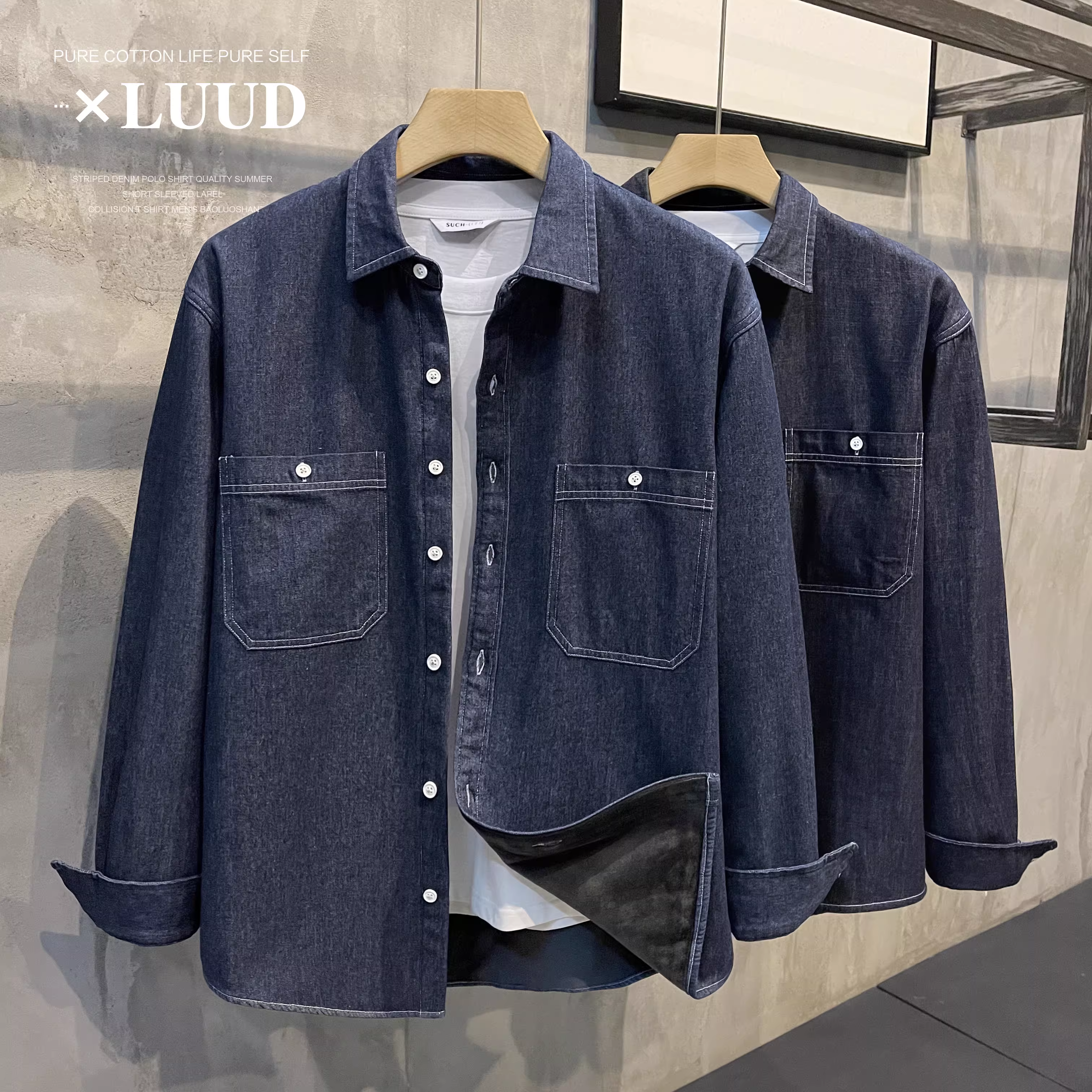 Áo khoác mùa đông kiểu Mỹ LUUD, lót lông cừu ấm áp, màu trơn, cổ trụ, chất liệu denim cotton nguyên chất, áo khoác nam