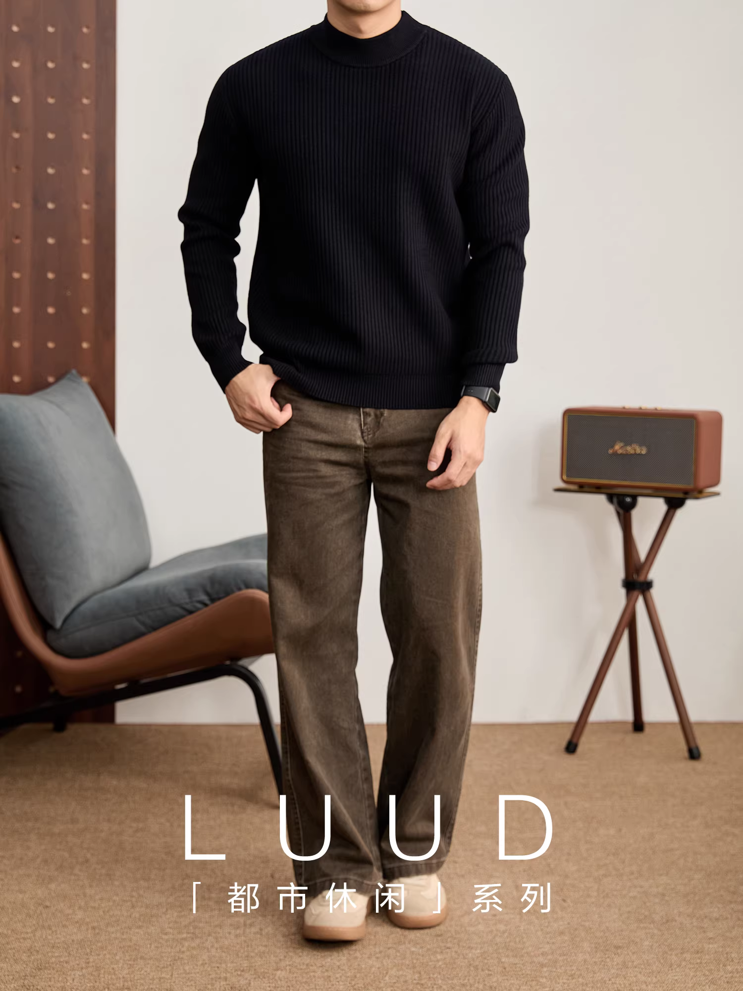 Áo len có lớp nền có gân có họa tiết thanh lịch và mát mẻ của LUUD dành cho nam giới, đồ dệt kim cổ lọ nửa cổ ấm áp mùa đông.