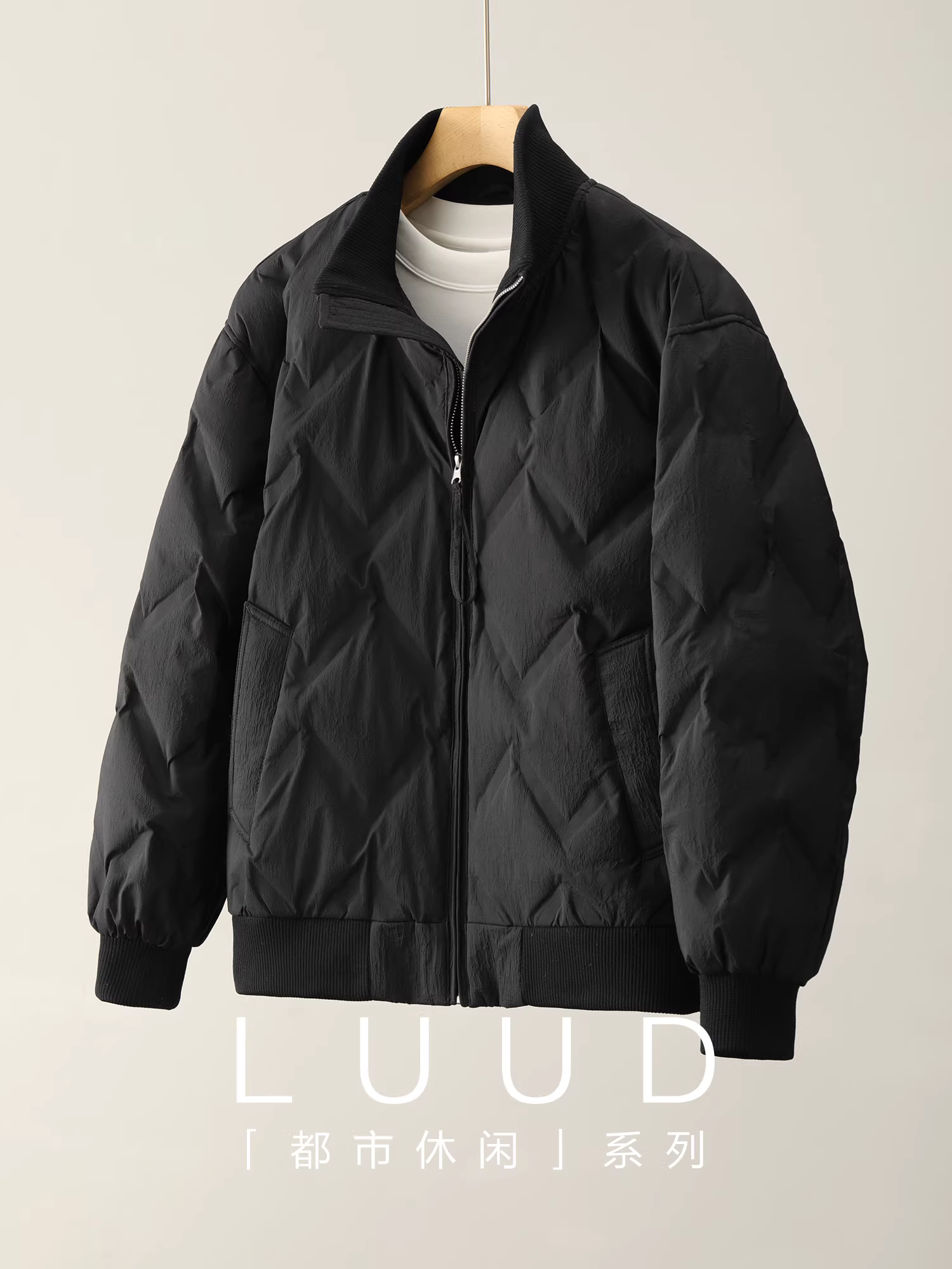 Áo khoác lông vũ trắng LUUD Cityboy dành cho nam, kiểu dáng may chần hình thoi, chất liệu dệt kim, cổ đứng