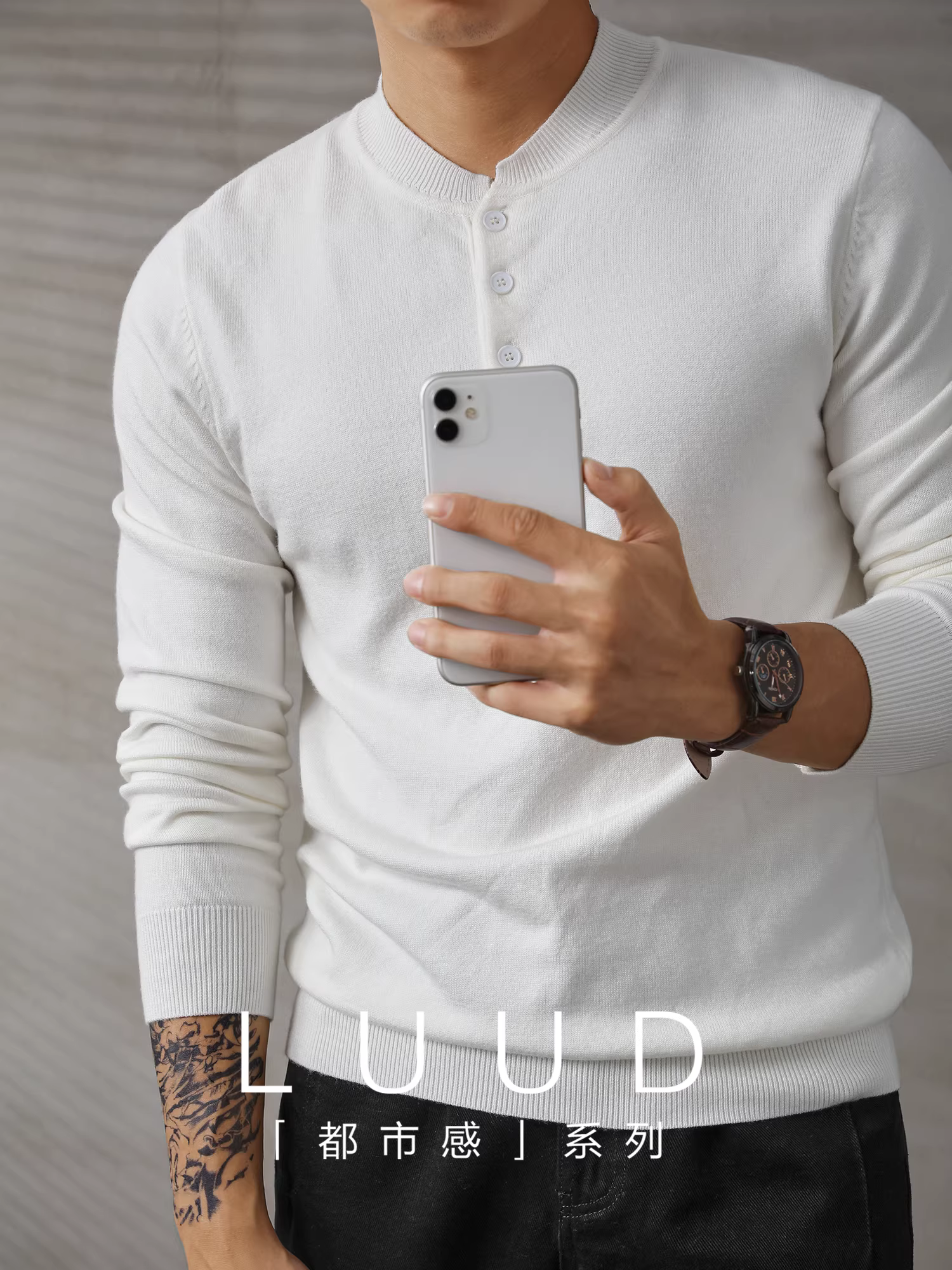 Áo len trắng đơn giản sang trọng LUUD dành cho nam thời trang cổ henley dài tay dệt kim dáng ôm vừa vặn