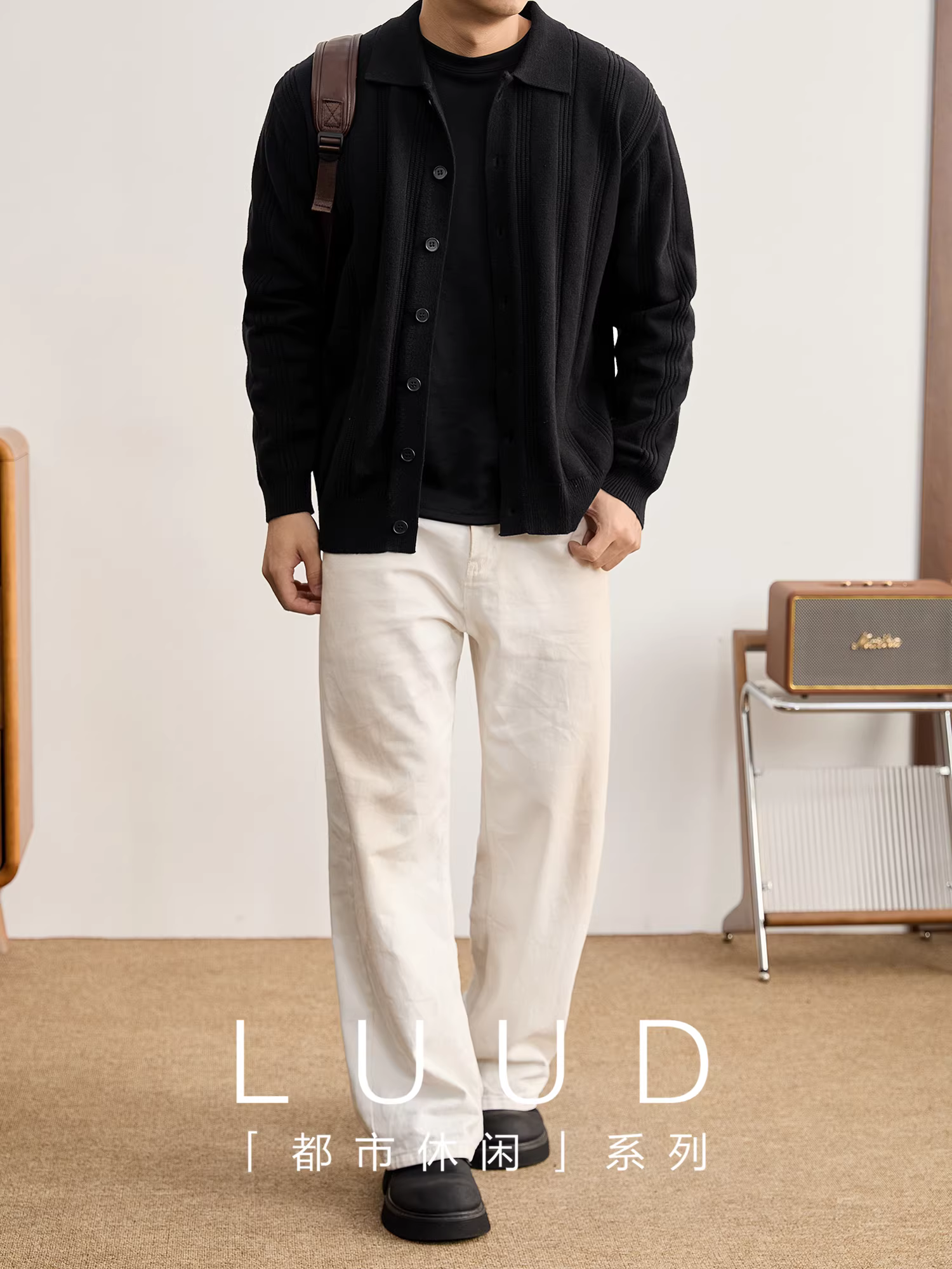 Áo len dệt kim có họa tiết sọc dọc LUUD dành cho nam, áo khoác len dài tay màu trơn đa năng cho mùa thu đông.