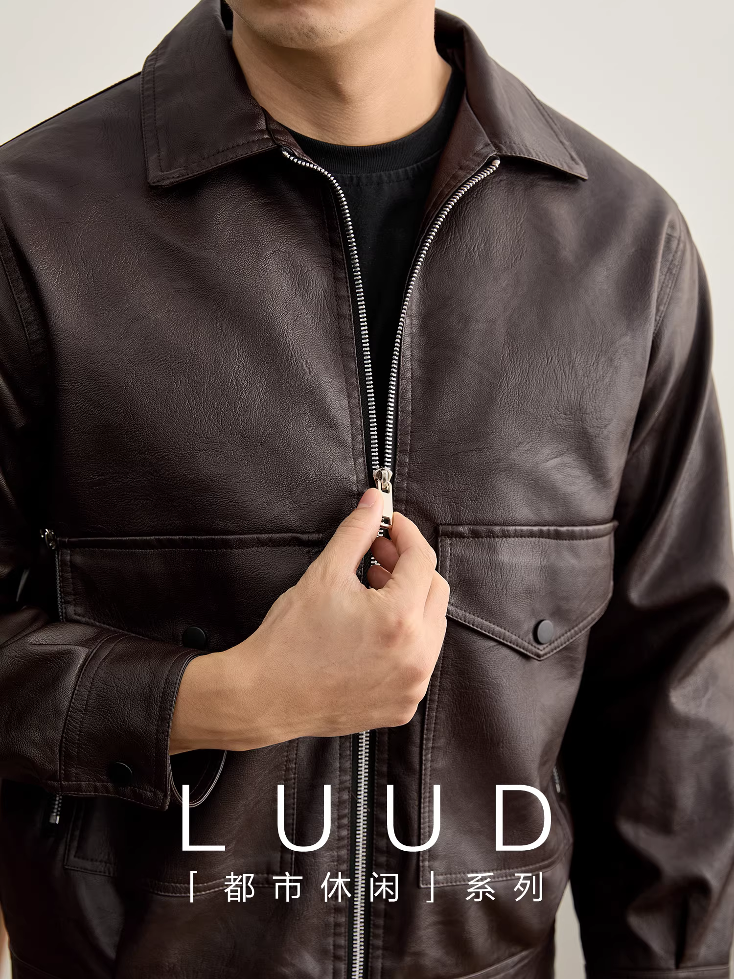 Áo khoác da phi công nam thiết kế đa năng LUUD, nhiều túi, chất liệu da PU giả da, màu tối, mùa đông