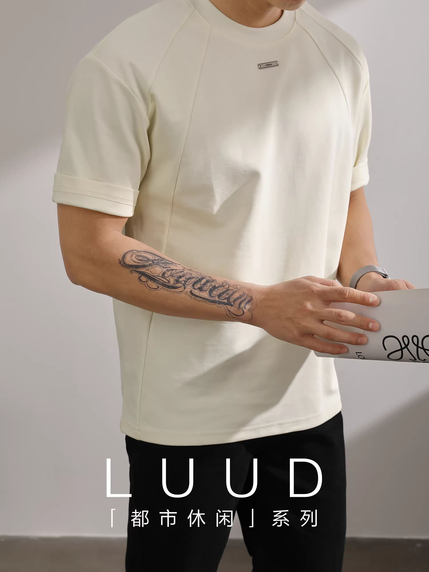 Áo thun nửa tay trang sức kim loại cao cấp LUUD dành cho nam, áo thun ngắn tay cổ tròn tay raglan chắp vá mùa hè