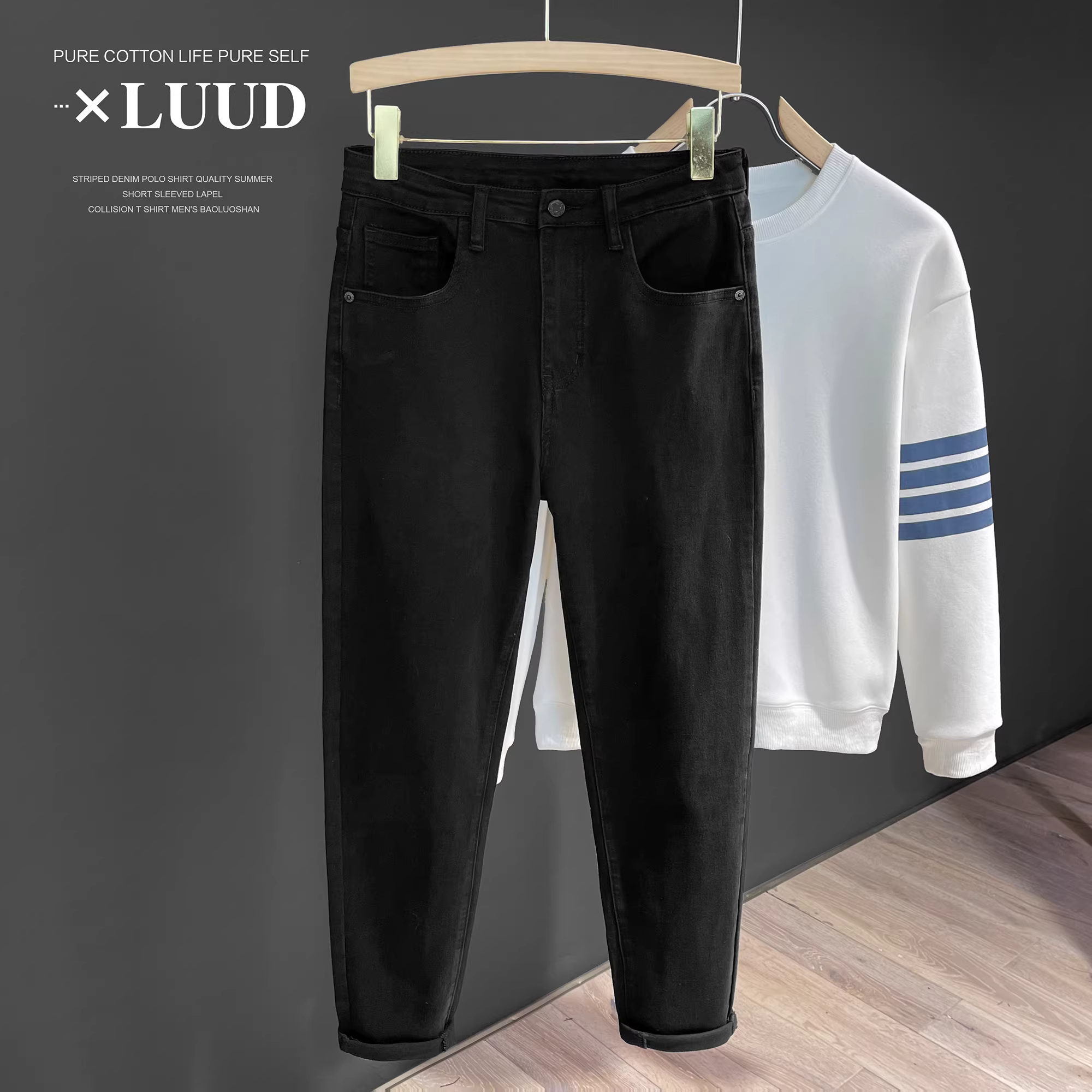 Quần denim đen cổ điển LUUD co giãn cao phong cách retro Hàn Quốc đa năng quần ôm vừa vặn quần dài thường ngày dành cho nam