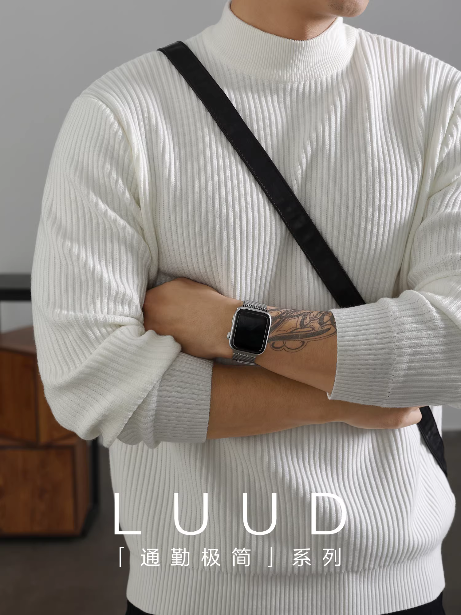 Áo len nam cổ cao nửa cổ LUUD màu trắng đơn giản sang trọng có họa tiết gân mùa đông ấm áp