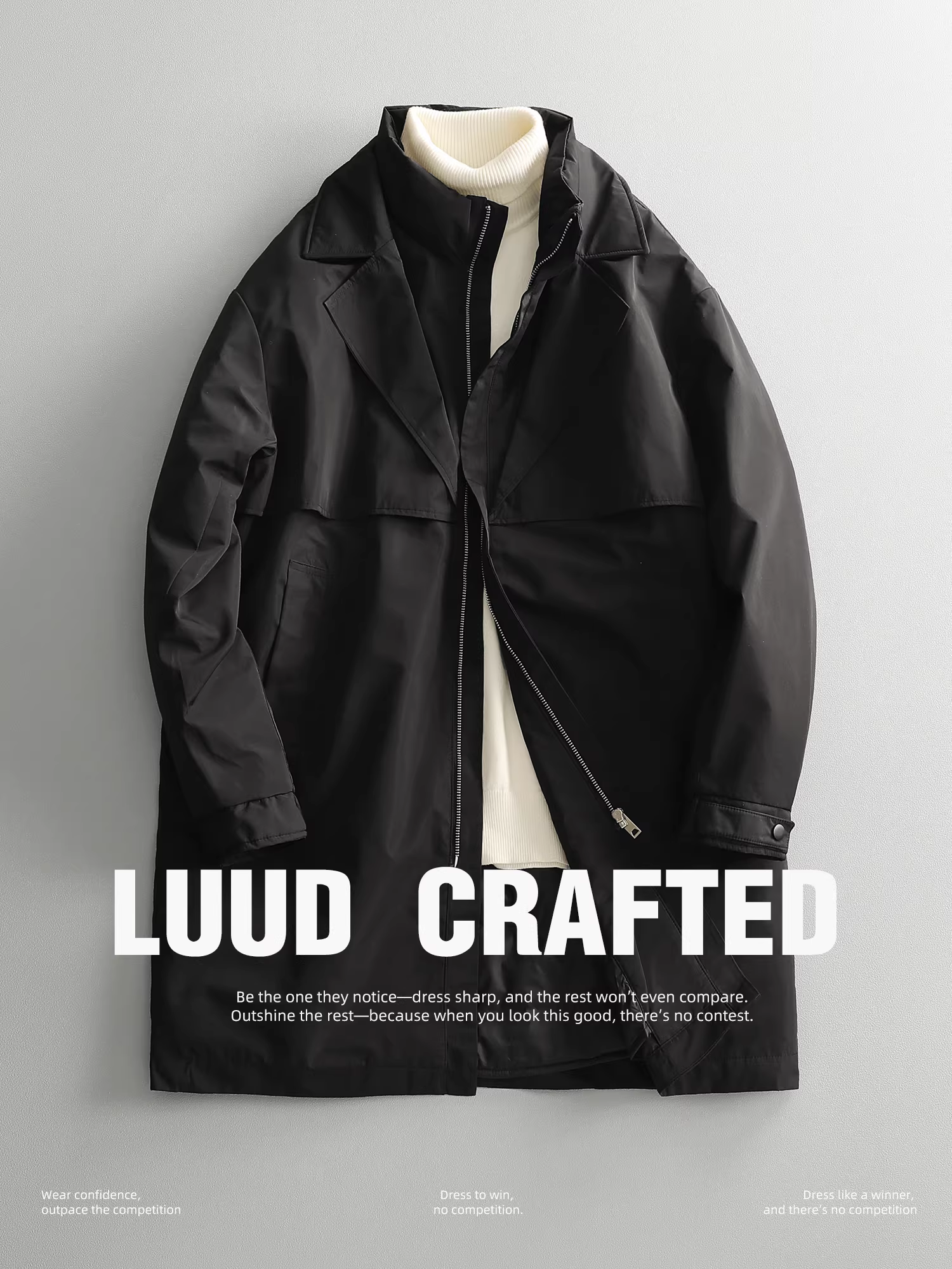 Áo khoác phao nam LUUD màu đen phong cách đô thị, thiết kế cổ áo hai lớp, kiểu parka dài trung bình, nhẹ, mùa đông