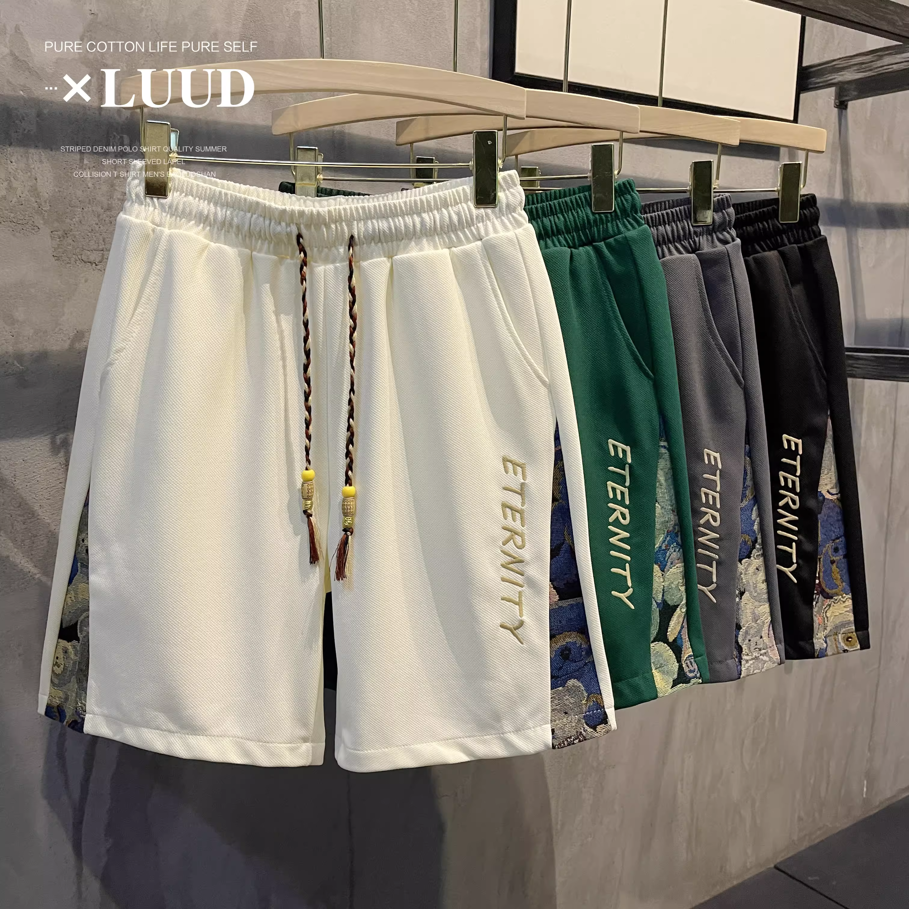 LUUD Phong cách Trung Quốc mới Xu hướng quốc gia Quần short thêu hình gấu Quần short nam mùa hè thẳng thẳng thể thao ngoài trời Quần short ngoài trời