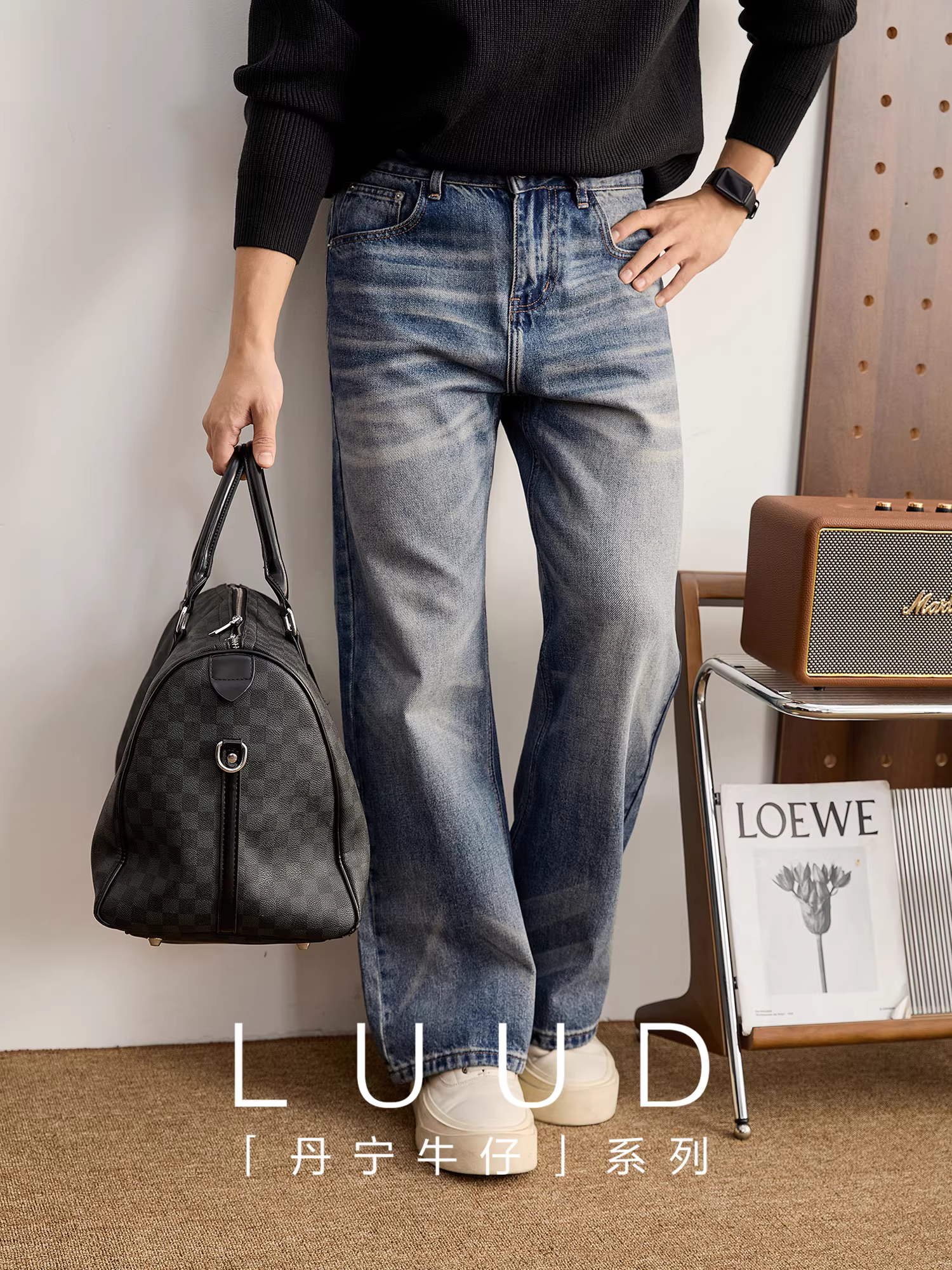 Quần jean nam dáng thẳng LUUD, kiểu dáng retro thời thượng, chất liệu washed phai màu, họa tiết râu rậm, dáng rộng, ống rộng.