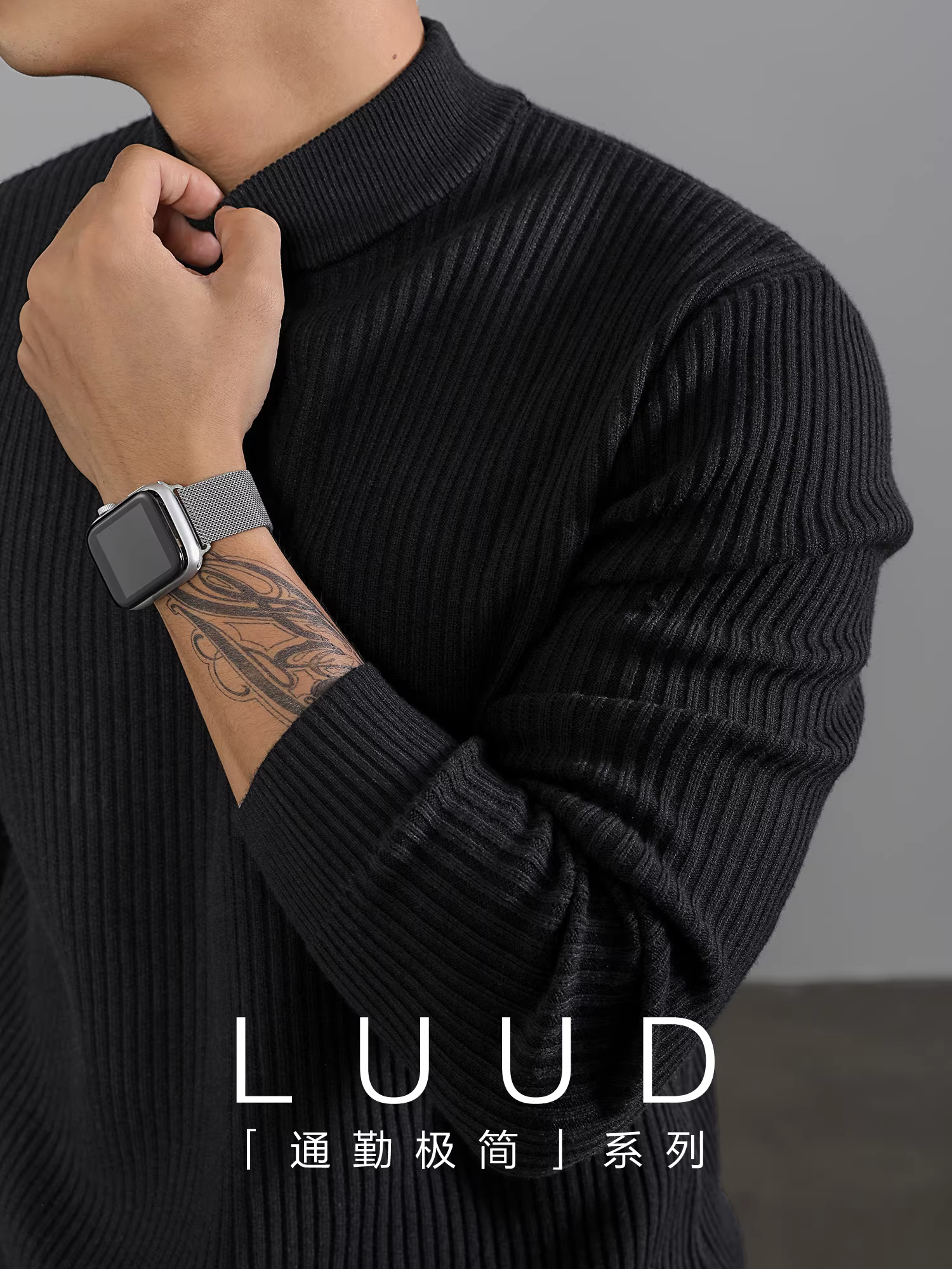 Áo len nửa cổ LUUD dành cho nam, lớp trong màu đen mùa đông, chất liệu dệt kim sọc dọc phong cách Hàn Quốc ấm áp và hợp thời trang