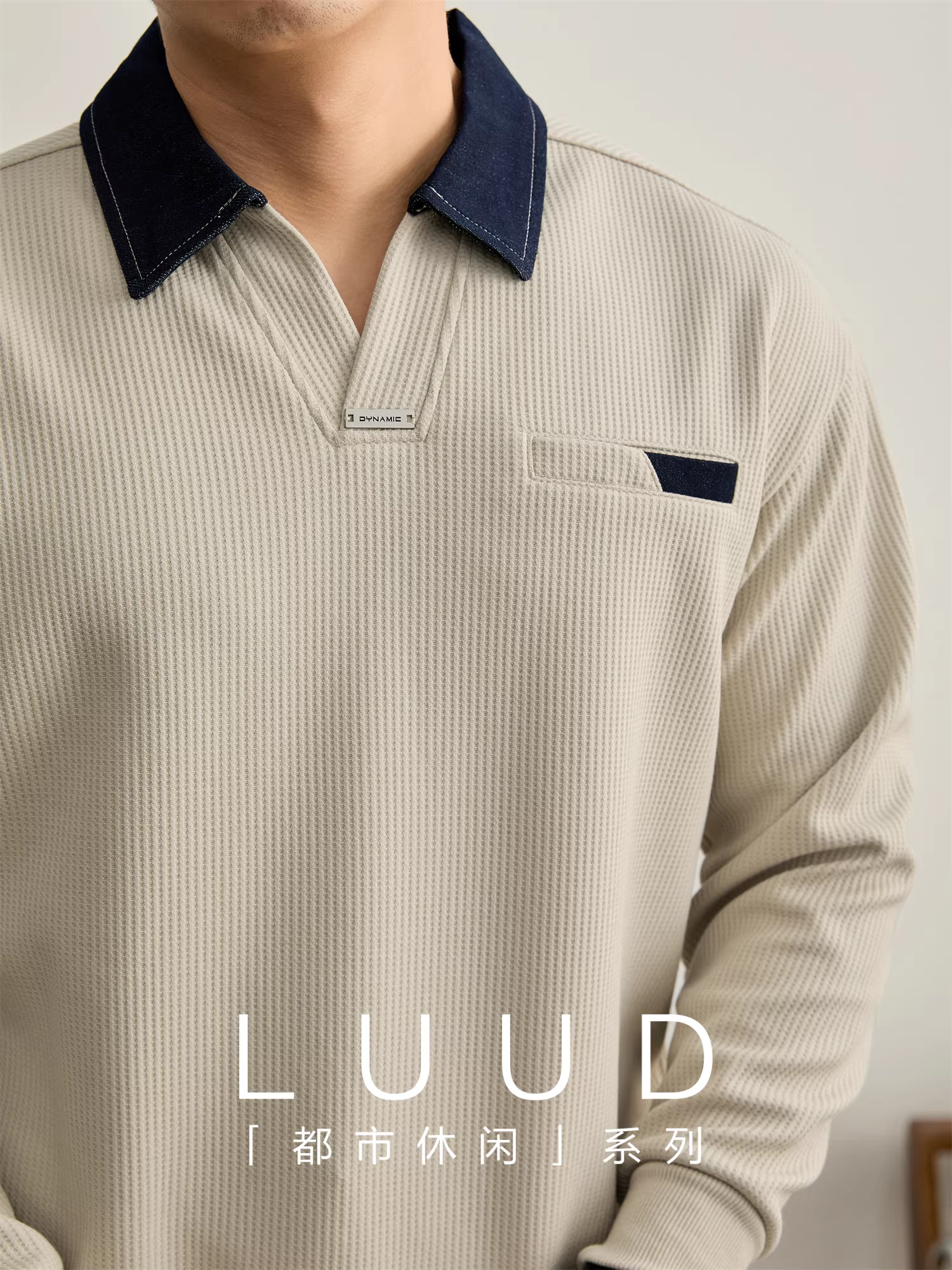 Áo thun cổ lọ kiểu tiền cổ điển LUUD, áo polo denim phối màu cổ điển, tay dài dành cho nam