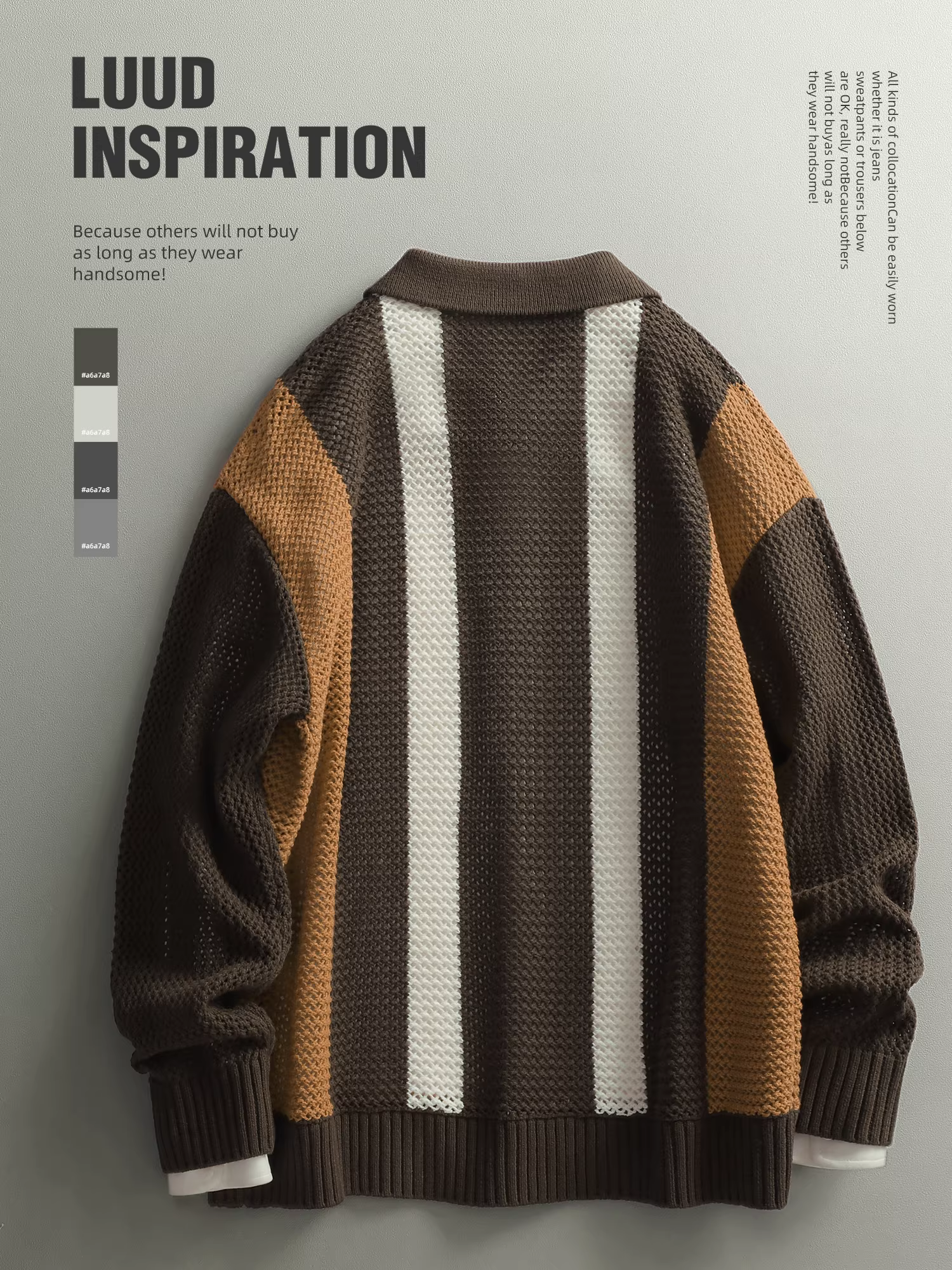 Ưu đãi đặc biệt: Áo len dệt kim jacquard phối màu sọc dành cho nam, áo cardigan thường ngày có cổ lật, áo khoác thời trang kiểu dáng rỗng khoét phong cách đô thị.